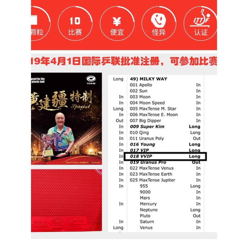 YINHE Huang Jianjiang VVIP Spe - Table Tennis Rubber For Defensive Players review and price